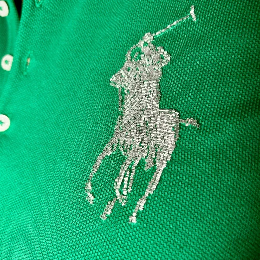 Ralph Lauren Beaded Big Pony Blue Label Green Long Sleeve Polo Girls L 12/14